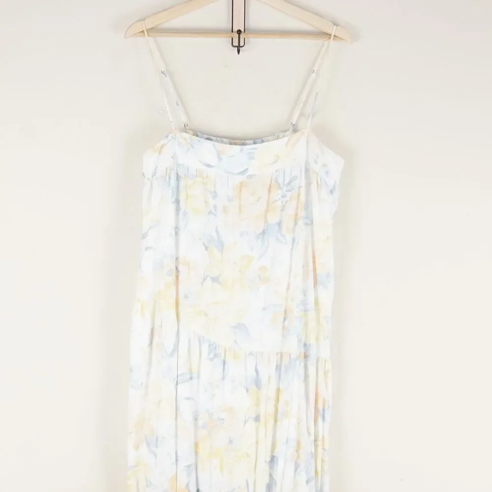 Abercrombie & Fitch Asymmetrical Yellow Blue Floral Linen Tiered Maxi Dress L